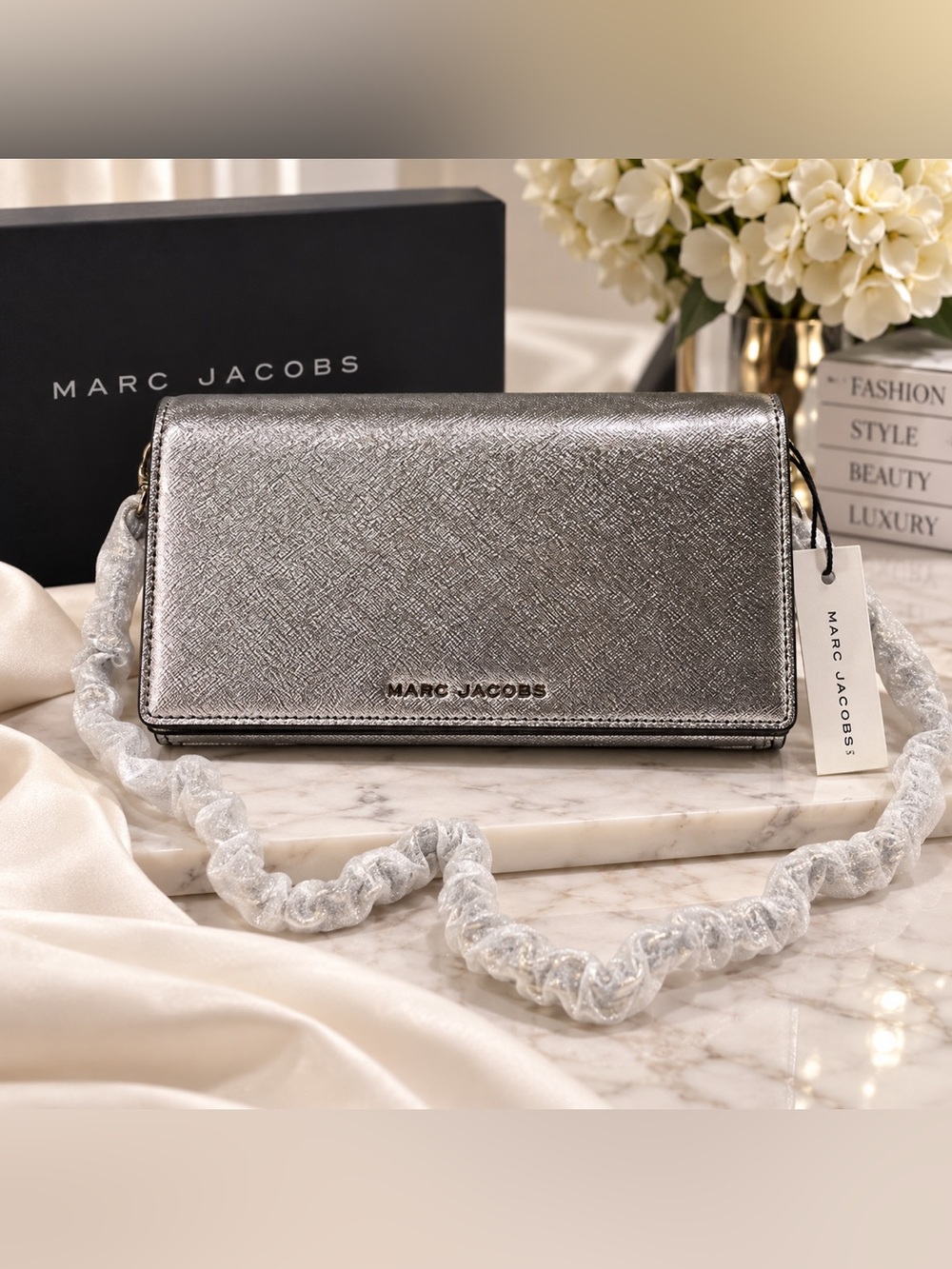 NWT Marc Jacobs Metallic Silver Wallet on Chain Crossbody Bag